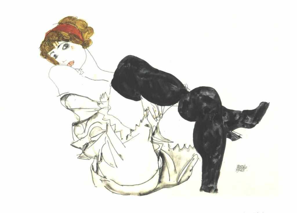 Egon Schiele, Wally in black stockings (1913)