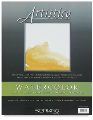 Fabriano Artistico Watercolor Papers - 16'' x 20'', Extra White, Hot Press, 5 Sheets
